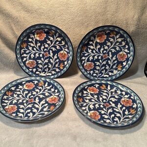 New Pottery Barn Ava Dark Blue Floral salad Plate Set, S/4